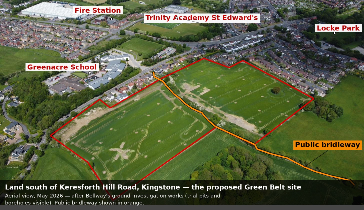 Aerial photograph looking across Kingstone, with the Green Belt site outlined in red. Greenacre School, the fire station, Trinity Academy St Edward's and Locke Park are labelled around it, with open countryside and large houses to the south.