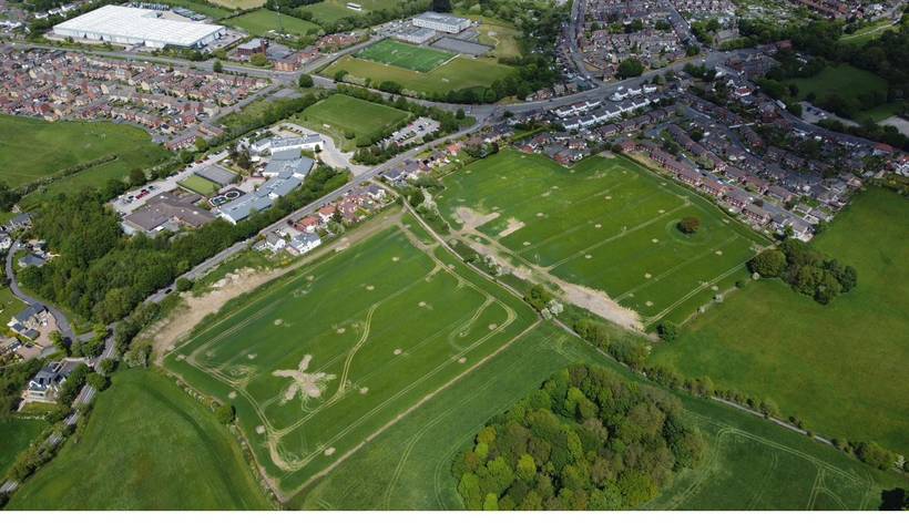 Aerial view of the fields with the houses of Kingstone along the northern and eastern edges.
