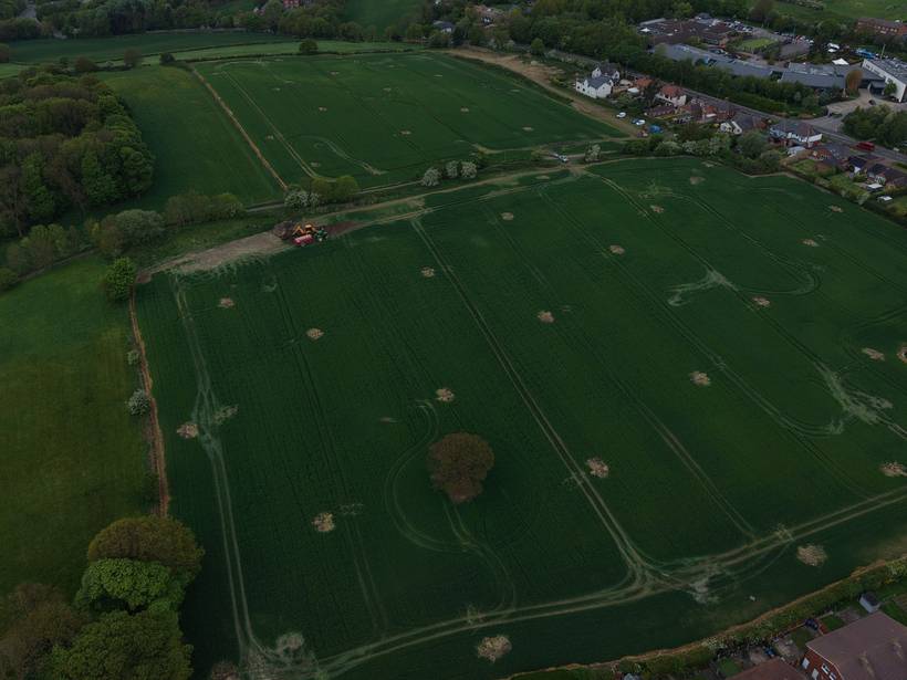 Aerial view of the two Green Belt fields south of Keresforth Hill Road, with housing along the top edge.