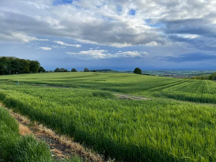 Open farmland running to the edge of Kingstone, with distant hills beyond.